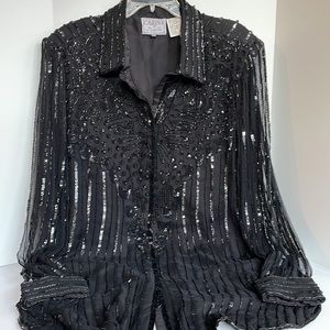 Carina by Bailey Lee vintage 100% pure silk beaded button front tunic blouse